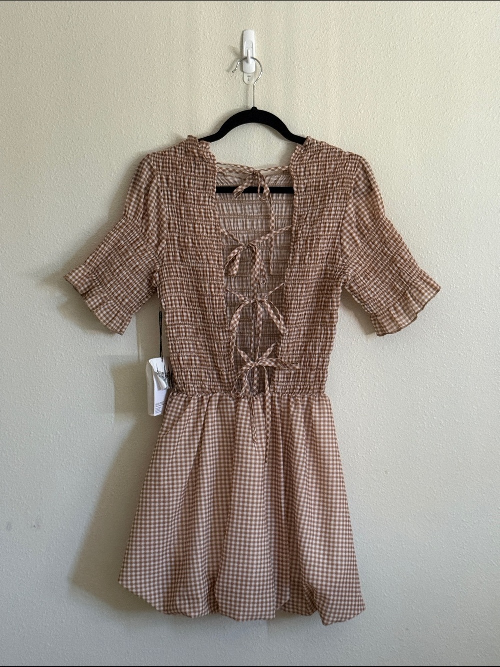 GrandStreet Studios : Gingham Smocked Mini Dress in Brown - Picture 5 of 6
